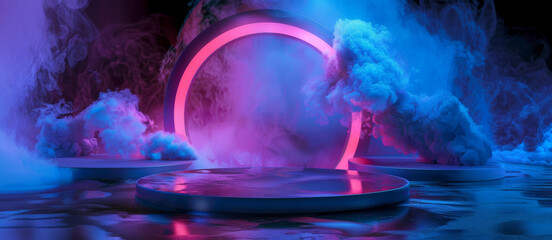 Abstract neon light podium with round linear neon frame. Circle stage with smoke and reflection on rough concrete wet floor