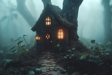 Fototapeta premium Mystical haunted, enchanted tree house stands in a foggy forest, blending fantasy and mystery