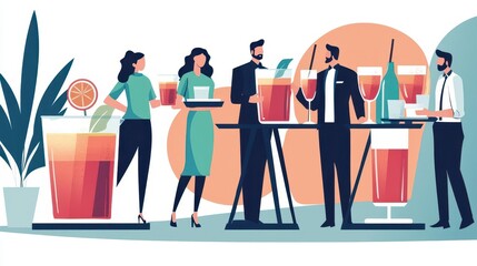 Waitstaff serving drinks on trays at entrance, guests mingling, upscale grand opening