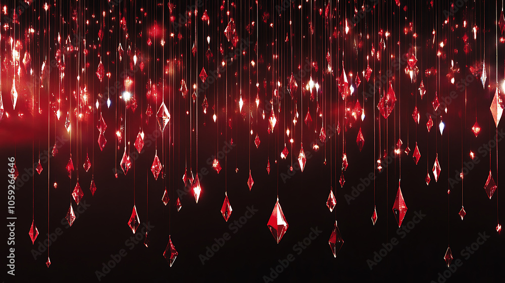 Poster shimmering red crystals hang elegantly against dark background, creating captivating display of ligh