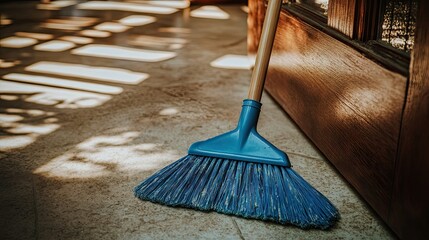 Blue broom and dustpan resting on a clean floor, showcasing a simple cleaning solution for a tidy home or office.