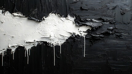 Abstract black and white paint drips on a canvas, creating a dramatic and textural design.