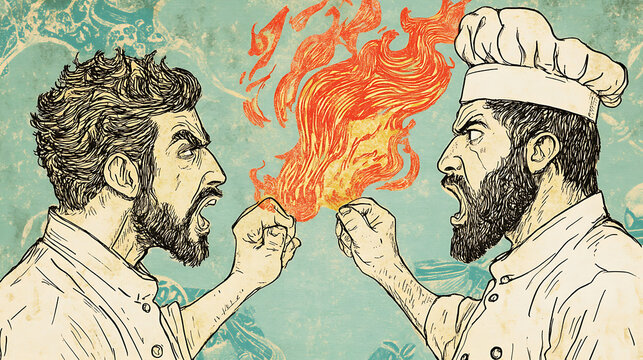 Two rival chefs arguing passionately, showcasing intense emotions and fiery expressions. background features vibrant flames, emphasizing heat of their competition - Powered by Adobe