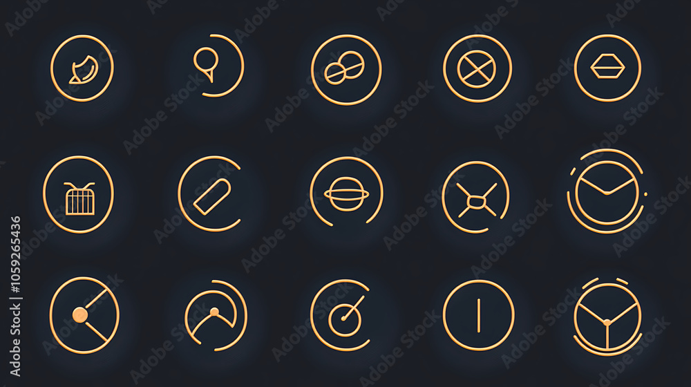 Aufkleber minimalistic icons in circular designs, featuring various symbols and shapes, ideal for modern appli