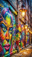 Fototapeta premium Colorful mural of faces on brick alley wall with vintage lamps