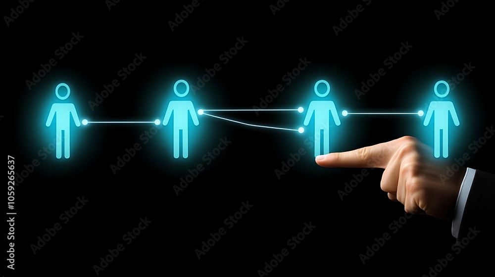 Poster digital connection concept with finger pointing at network of people, symbolizing interaction and co