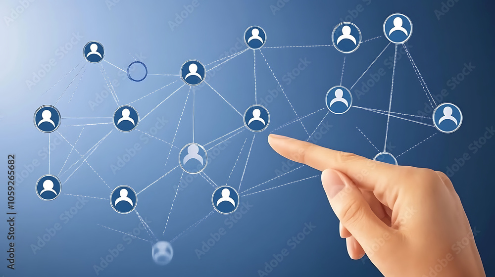 Poster hand touching digital network of connected users, symbolizing interaction and communication in moder