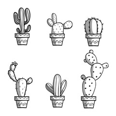 set of black and white cartoon cactus