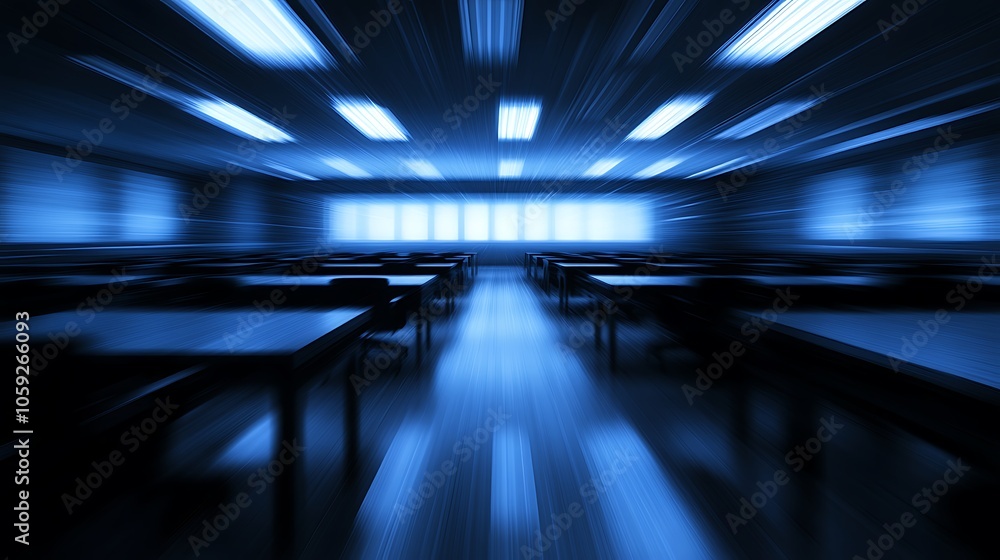 Poster empty classroom with blue lights light gradient background with room for typography