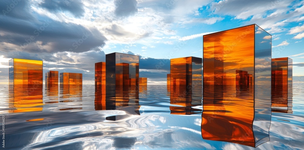 Poster this abstract geometric structure has a red and grey colored futuristic architecture with an orange 