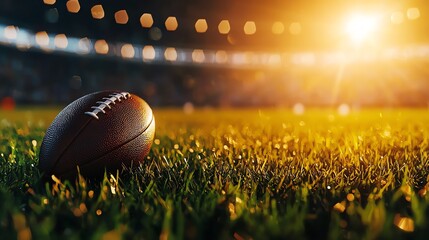 Close-up of a football on grass with sunset lighting, perfect for sports-themed designs.