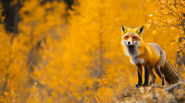 A red fox stands in the fall landscape of the Yukon Territory, Canada.