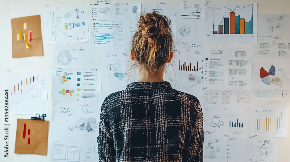 Aufkleber a woman analyzing diverse business charts and graphs on a wall, focusing on data insights and strate