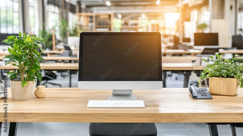 Poster modern office desk with computer and plants clean blank canvas with empty space for designs