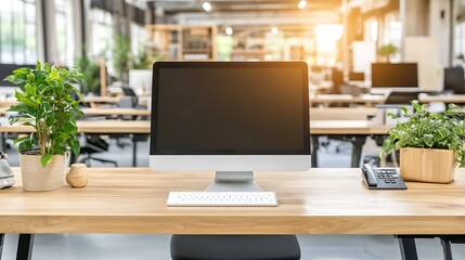 Modern office desk with computer and plants Clean Blank Canvas with Empty Space for Designs