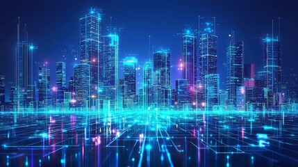 Detailed cityscape with neon light effect. Abstract digital high tech city background design for banners or presentations.