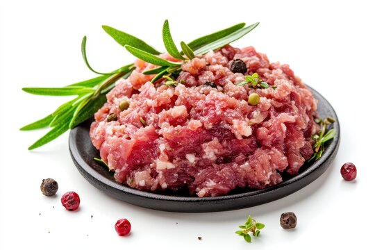 Isolated minced beef raw ground buffalo red veal and farce on white background