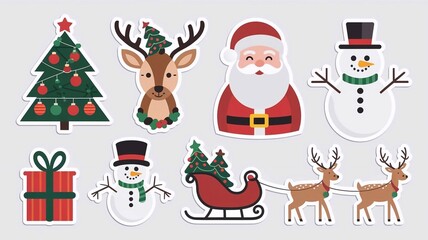 Set of Christmas stickers, Christmas tree, deer, Santa Claus, snowman, gift, sleigh, mug of tea, stickers on white background