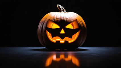 a close-up to Halloween Jack-o-Lantern pumpkin with evil look and creepy smile, isolated within dark background, illustration wallpaper