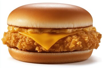 Isolated white PNG of a cheesy chicken patty burger
