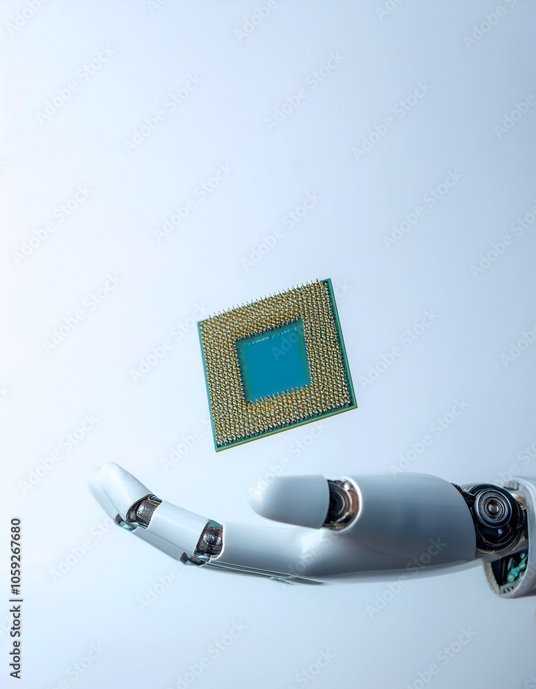 Poster white hand of humanoid robot is holding and showing innovative and advanced ai accelerated chip floa