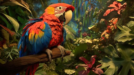 Fototapeta premium Close-up of a colorful Macaw parrot sitting on a branch, displaying vivid red, blue, and yellow plumage in a tropical jungle setting.