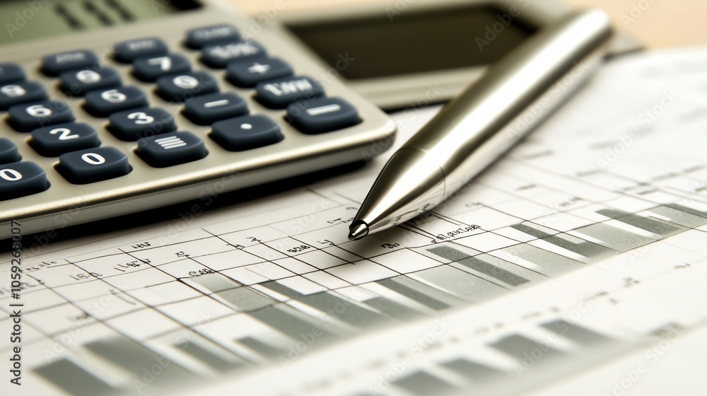 Aufkleber close-up of a calculator and pen on financial documents with graphs and charts, ideal for concepts r