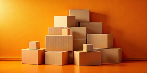 Fototapeta premium Cardboard Box Stack on Vibrant Orange Background - Ideal for Abstract Art and Modern Design Projects