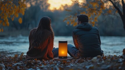 A couple enjoying a quiet fall evening with a portable speaker playing relaxing seasonal music. Nearby, a smart candle flickers, adding both warmth and ambiance to their outdoor setup 