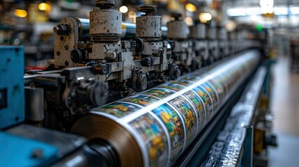 Close-up of a printing press with a roll of printed paper