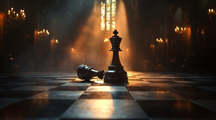 Chessboard scene with fallen king piece highlighted in moody lighting to convey competition