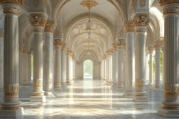 Fototapeta premium Grand Hall With Marble Columns Gold Accents and Sunlight Through Arches