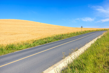 Empty asphalt road and wheat field mountains nature scenery in Xinjiang