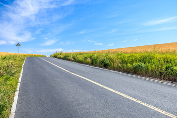 Empty asphalt road and wheat field mountains nature scenery in Xinjiang © zhao dongfang