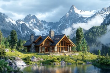 Naklejka premium Luxury Log Cabin Mountain Lake Home Retreat