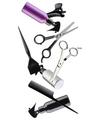 Hairdressing set falling in space. Isolated on white.