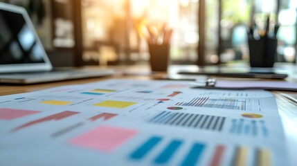 Closeup of business documents on a desk with graphs and charts, with a blurred office environment in the background during sunset.
