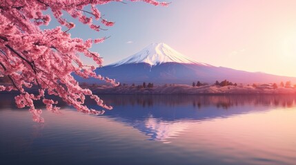 Serene view of mount fuji surrounded by cherry blossoms at sunset over a calm lake