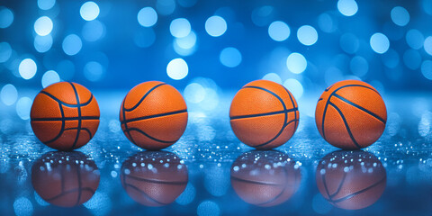 Basketballs on Glittering Blue Bokeh Background