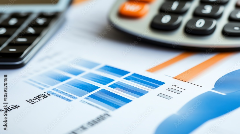 Aufkleber close-up of financial documents with graphs and a calculator on a desk, representing business analys