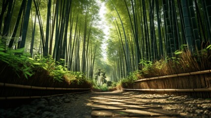 Obraz premium Exploring the tranquil beauty of a bamboo forest pathway a journey through nature's serenity