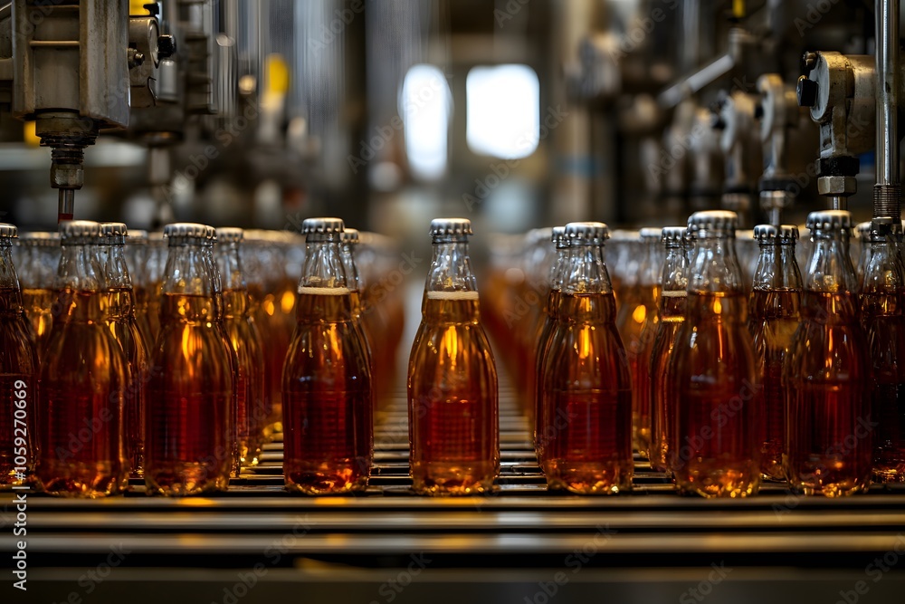 Poster bottling process of golden drink in a factory setting