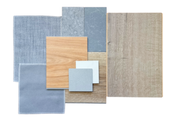 top view of interior material samples contains wooden laminate flooring tile, artificial stone, wooden vinyl flooring tile, quartz stone, grey fabric isolated on background with clipping path.