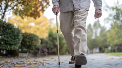 An elderly man, using a cane, walks slowly.
