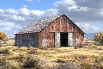 Old Red Barn in a Desert Landscape with Mountains in the Background