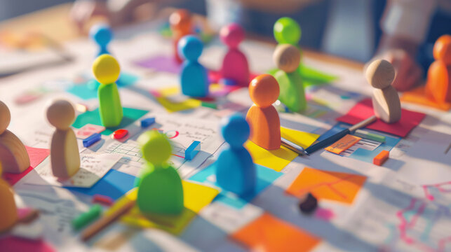 Brightly colored wooden figures and sticky notes arranged on a planning board, representing teamwork, brainstorming, and collaborative strategy development