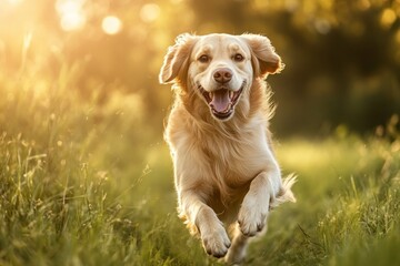 Golden retriever joyfully running in sunlit meadow