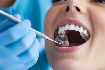 Close-up of dental examination with dentist using mirror on patient's open mouth