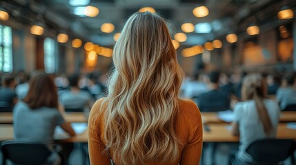 Woman with long blonde hair standing in a room with blurred background