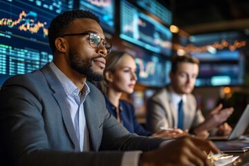 Diverse team analyzing financial data in modern office with digital screens